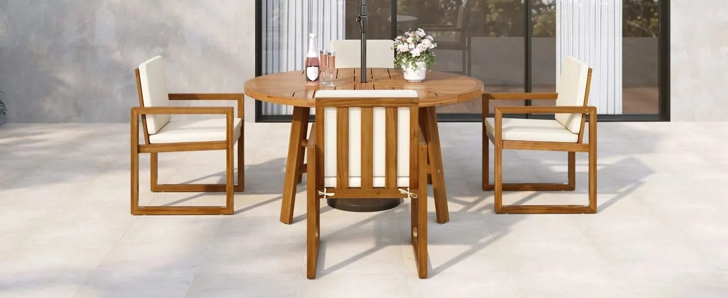5-Piece Outdoor Patio Dining Set Acacia Wood with Four Armchairs and Table, Beige Default -DTYStore