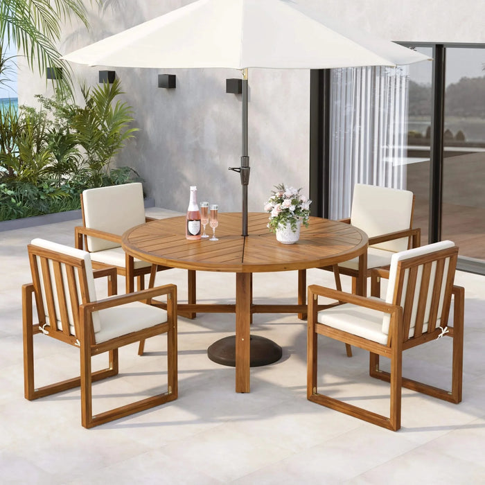 5-Piece Outdoor Patio Dining Set Acacia Wood with Four Armchairs and Table, Beige Default -DTYStore