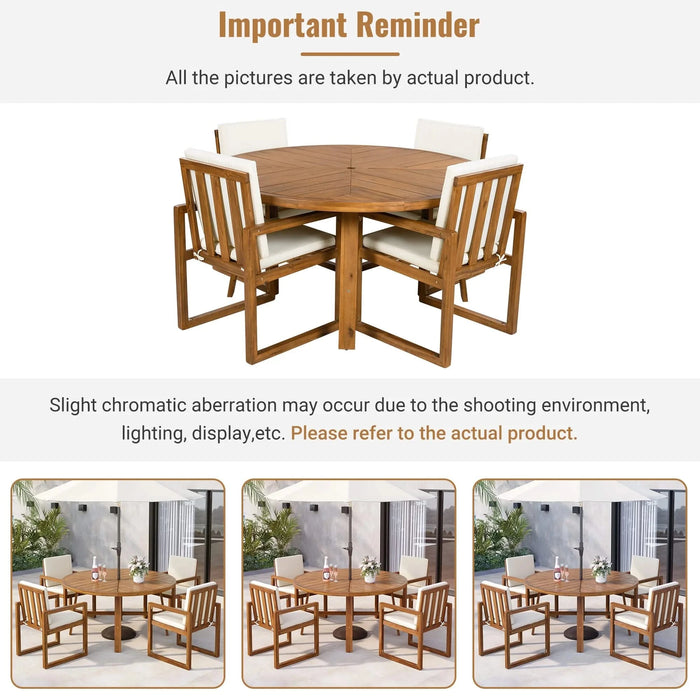 5-Piece Outdoor Patio Dining Set Acacia Wood with Four Armchairs and Table, Beige Default -DTYStore