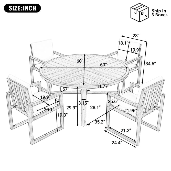 5-Piece Outdoor Patio Dining Set Acacia Wood with Four Armchairs and Table, Beige Default -DTYStore