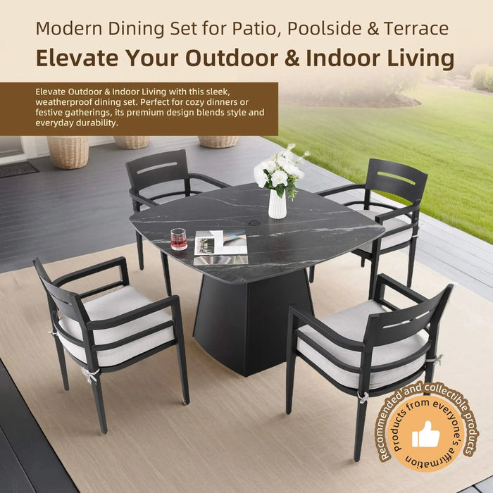5-Piece Outdoor Pedestal Dining Set, 44' Rounded Square Sintered Stone Table with Flared Base and 4 Armchairs, Sunbrella Cushions, Rust-Free Aluminum, Weather-Resistant, for Patio or Deck Default -DTYStore