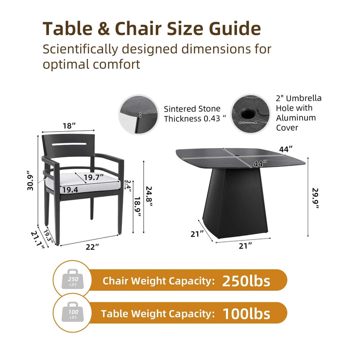 5-Piece Outdoor Pedestal Dining Set, 44' Rounded Square Sintered Stone Table with Flared Base and 4 Armchairs, Sunbrella Cushions, Rust-Free Aluminum, Weather-Resistant, for Patio or Deck Default -DTYStore