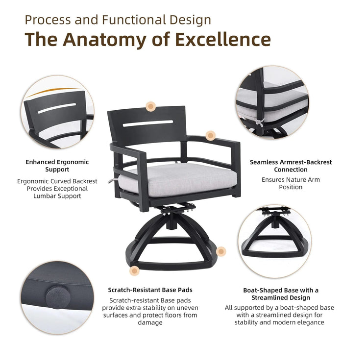 5-Piece Outdoor Pedestal Dining Set, 44' Rounded Square Sintered Stone Table with Flared Base and 4 Swivel Rockers, Sunbrella Cushions, Rust-Free Aluminum, Weather-Resistant, for Patio or Deck Default -DTYStore