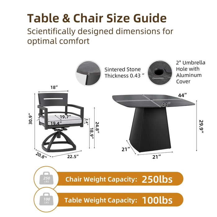 5-Piece Outdoor Pedestal Dining Set, 44' Rounded Square Sintered Stone Table with Flared Base and 4 Swivel Rockers, Sunbrella Cushions, Rust-Free Aluminum, Weather-Resistant, for Patio or Deck Default -DTYStore