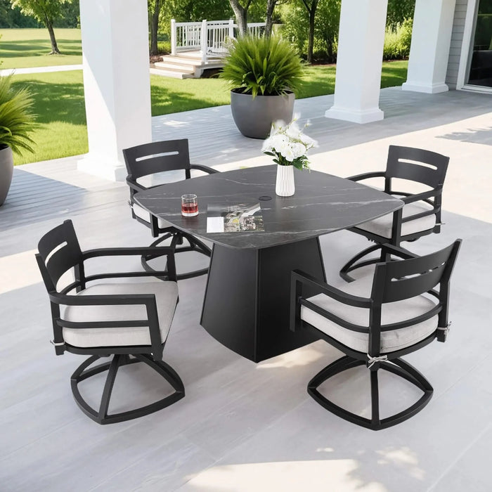 5-Piece Outdoor Pedestal Dining Set, 44' Rounded Square Sintered Stone Table with Flared Base and 4 Swivel Rockers, Sunbrella Cushions, Rust-Free Aluminum, Weather-Resistant, for Patio or Deck Default -DTYStore