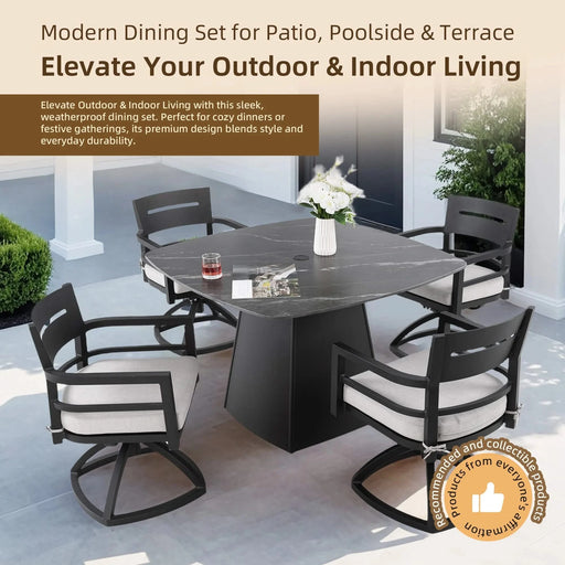 5-Piece Outdoor Pedestal Dining Set, 44' Rounded Square Sintered Stone Table with Flared Base and 4 Swivel Rockers, Sunbrella Cushions, Rust-Free Aluminum, Weather-Resistant, for Patio or Deck Default -DTYStore