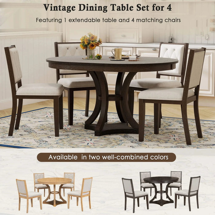 5-Piece Retro Functional Dining Table Set Extendable Round Table and 4 Upholstered Chairs for Dining Room and Living Room (Espresso) Default -DTYStore