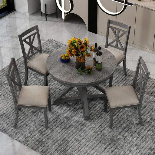 5-Piece Retro Functional Dining Table Set Extendable Round Table and 4 Upholstered Chairs for Dining Room and Living Room (Grey) Default -DTYStore