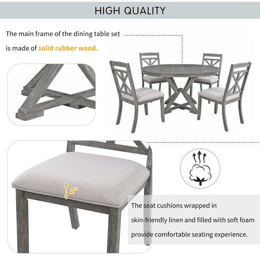 5-Piece Retro Functional Dining Table Set Extendable Round Table and 4 Upholstered Chairs for Dining Room and Living Room (Grey) Default -DTYStore