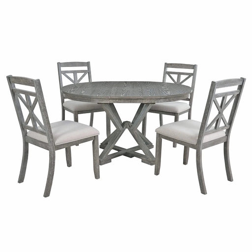 5-Piece Retro Functional Dining Table Set Extendable Round Table and 4 Upholstered Chairs for Dining Room and Living Room (Grey) Default -DTYStore