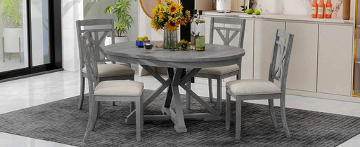 5-Piece Retro Functional Dining Table Set Extendable Round Table and 4 Upholstered Chairs for Dining Room and Living Room (Grey) Default -DTYStore