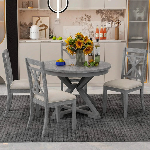 5-Piece Retro Functional Dining Table Set Extendable Round Table and 4 Upholstered Chairs for Dining Room and Living Room (Grey) Default -DTYStore
