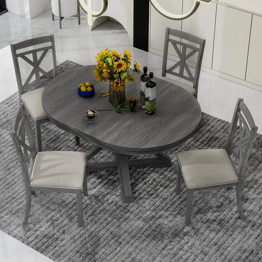 5-Piece Retro Functional Dining Table Set Extendable Round Table and 4 Upholstered Chairs for Dining Room and Living Room (Grey) Default -DTYStore