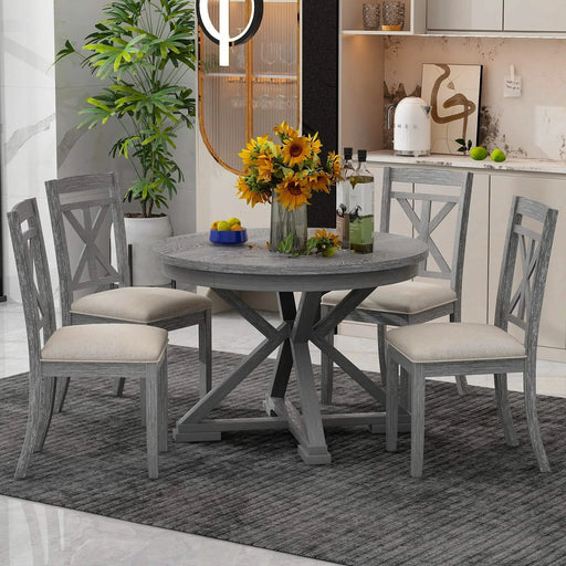 5-Piece Retro Functional Dining Table Set Extendable Round Table and 4 Upholstered Chairs for Dining Room and Living Room (Grey) Default -DTYStore