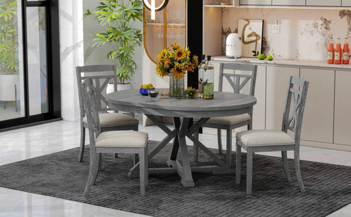 5-Piece Retro Functional Dining Table Set Extendable Round Table and 4 Upholstered Chairs for Dining Room and Living Room (Grey) Default -DTYStore