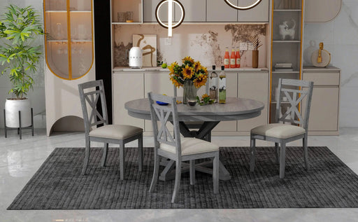 5-Piece Retro Functional Dining Table Set Extendable Round Table and 4 Upholstered Chairs for Dining Room and Living Room (Grey) Default -DTYStore