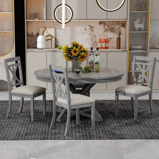 5-Piece Retro Functional Dining Table Set Extendable Round Table and 4 Upholstered Chairs for Dining Room and Living Room (Grey) Default -DTYStore