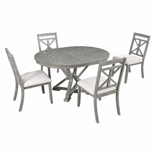 5-Piece Retro Functional Dining Table Set Extendable Round Table and 4 Upholstered Chairs for Dining Room and Living Room (Grey) Default -DTYStore