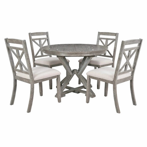 5-Piece Retro Functional Dining Table Set Extendable Round Table and 4 Upholstered Chairs for Dining Room and Living Room (Grey) Default -DTYStore