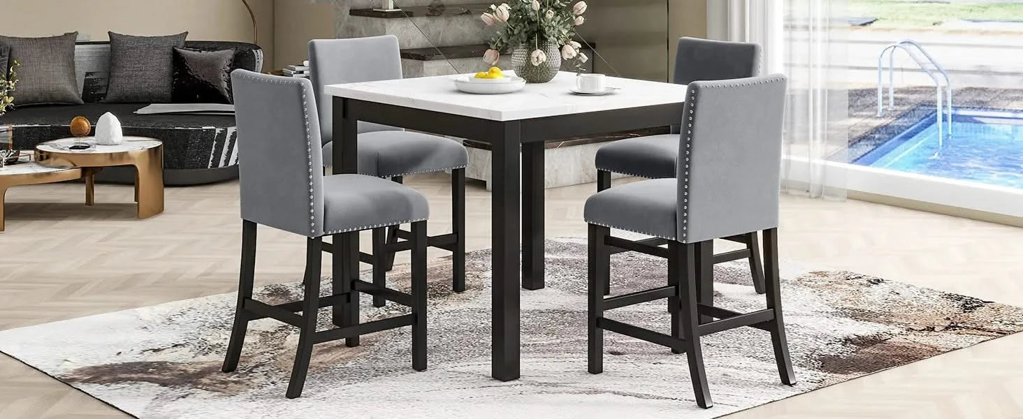5-piece Counter Height Dining Table Set with One Faux Marble Top Dining Table and Four Velvet-Upholstered Chairs,Grey Default -DTYStore