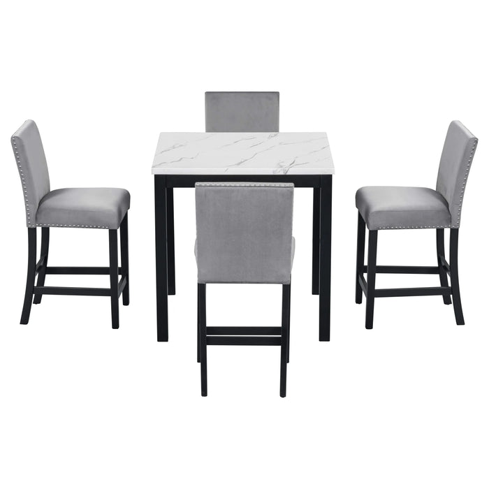 5-piece Counter Height Dining Table Set with One Faux Marble Top Dining Table and Four Velvet-Upholstered Chairs,Grey Default -DTYStore