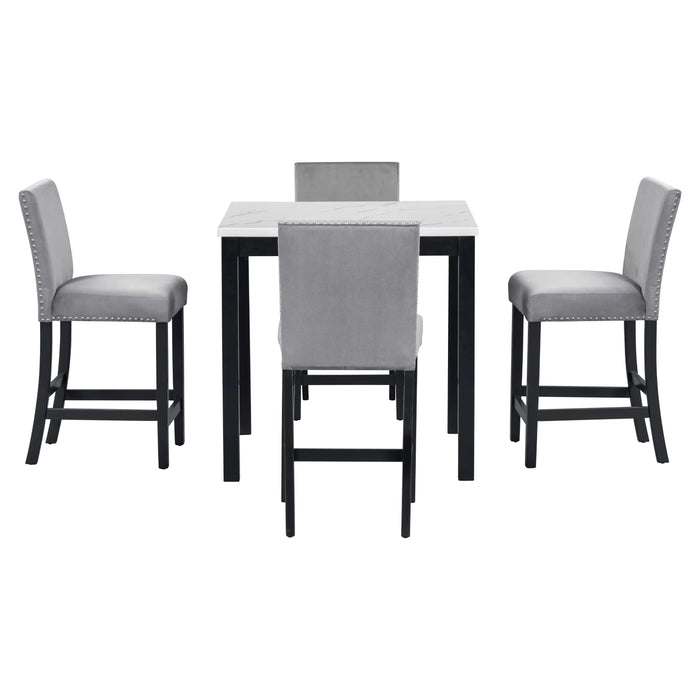 5-piece Counter Height Dining Table Set with One Faux Marble Top Dining Table and Four Velvet-Upholstered Chairs,Grey Default -DTYStore