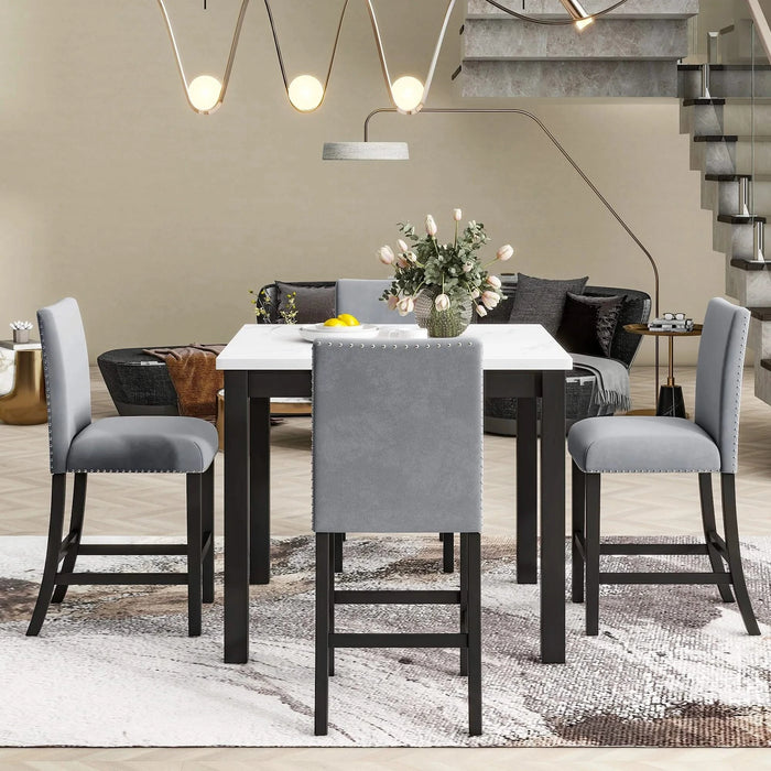 5-piece Counter Height Dining Table Set with One Faux Marble Top Dining Table and Four Velvet-Upholstered Chairs,Grey Default -DTYStore