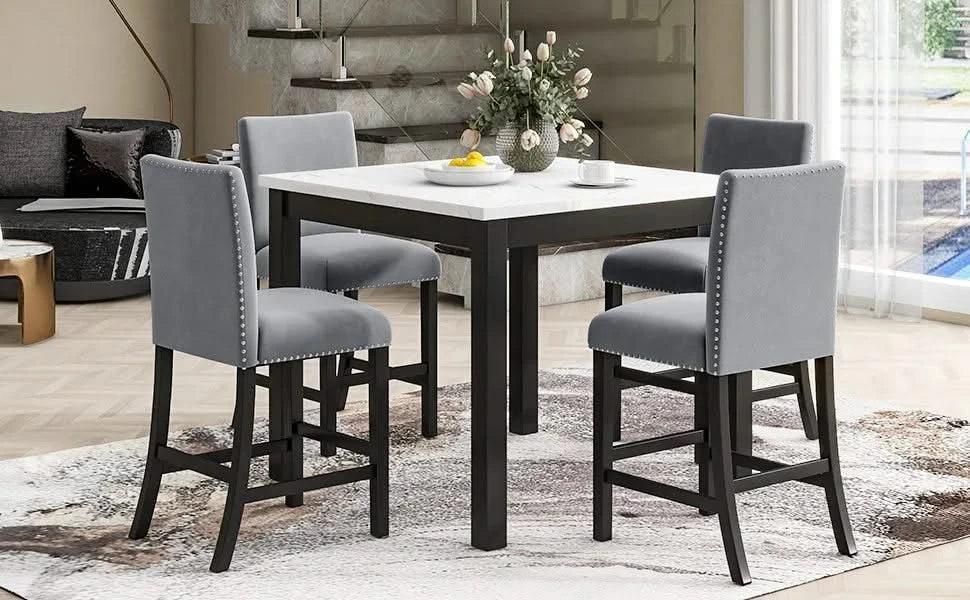 5-piece Counter Height Dining Table Set with One Faux Marble Top Dining Table and Four Velvet-Upholstered Chairs,Grey Default -DTYStore