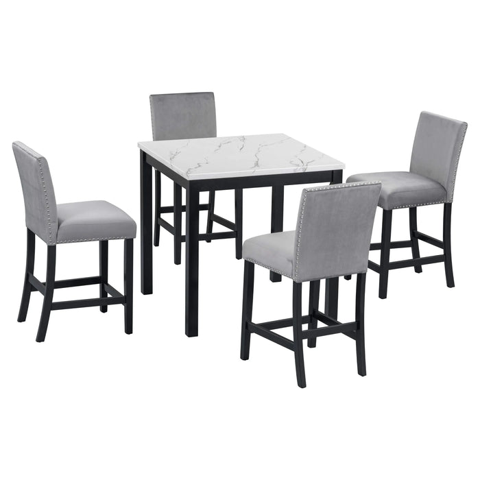 5-piece Counter Height Dining Table Set with One Faux Marble Top Dining Table and Four Velvet-Upholstered Chairs,Grey Default -DTYStore