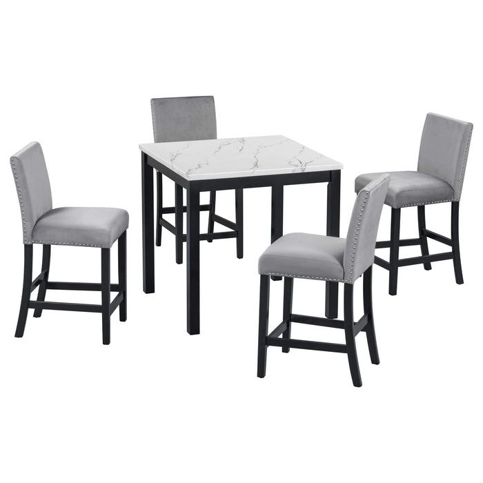 5-piece Counter Height Dining Table Set with One Faux Marble Top Dining Table and Four Velvet-Upholstered Chairs,Grey Default -DTYStore