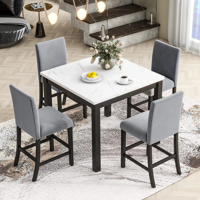 5-piece Counter Height Dining Table Set with One Faux Marble Top Dining Table and Four Velvet-Upholstered Chairs,Grey Default -DTYStore