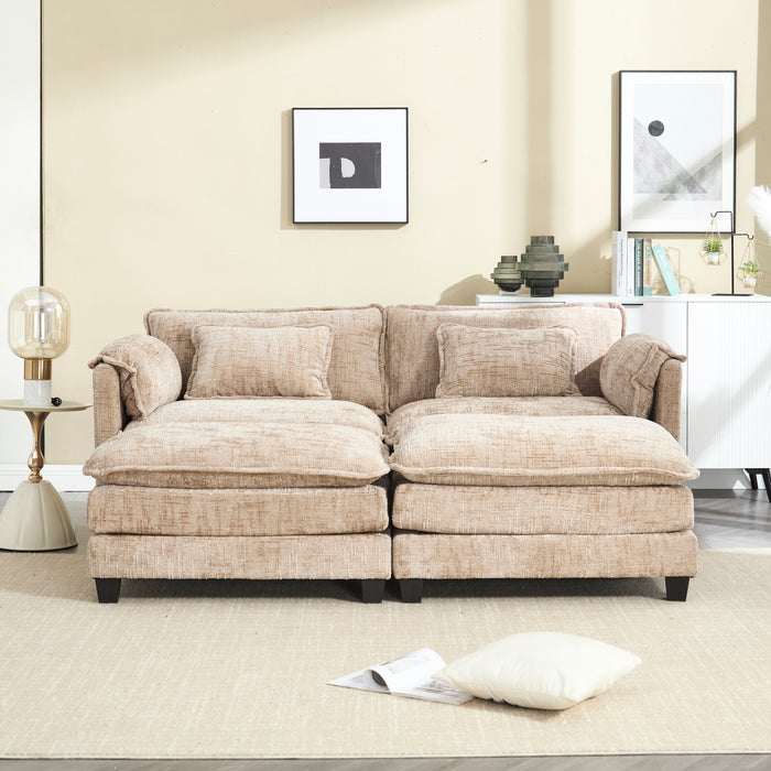 UNITED WE WIN Chenille fabric, solid construction, the overall structure of the sofa is stable, detachable armrests, two foot stools and two-seat sofa with side pockets