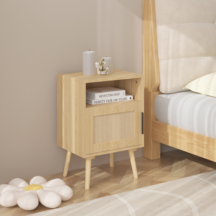 22.83'' H Rattan Nightstand, Side Table with Door Open Shelf, Accent Bedside End Table with Solid Wood Legs for Bedroom, Dorm and Small Spaces, Oak