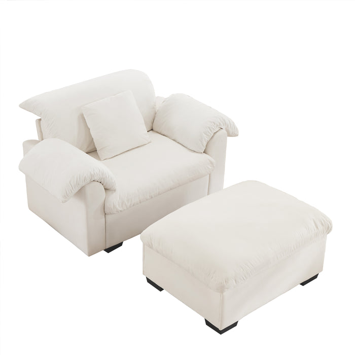 Upholstered Deep Seat Sofa with Fluffy Armrest Pillows and Backrest,Velvet Fabric Single Accent Chair with Ottoman, Both Seat and Ottoman Has Storage Space,Reading Accent Chair Set for Living Room Bed