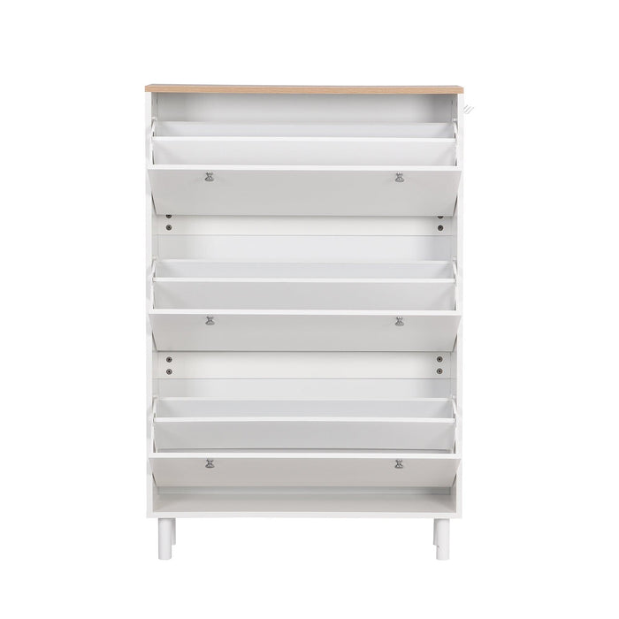 Narrow Design Tipping Bucket Shoe Cabinet with 3 Flip Drawers, Wood Grain Pattern Top Entryway Organizer with 3 Hooks, Free Standing Shoe Rack with Adjustable Panel for Hallway, White - DTYStore