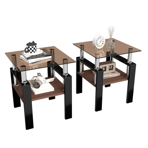 Set of 2 Modern Tempered Glass Tea Table ,Tempered Glass Tabletop with MDF Layer,Coffee Table,End Table, Square Table for Living Room, Brown/black - Image 6