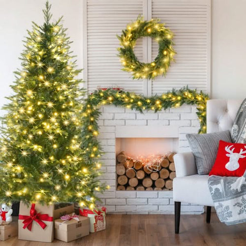 6FT Pre-Lit Aspen Fir Artificial Christmas Tree with Wreath & Garland,Grass Green Xmas Tree with 380 Multi-Color LED Lights, 11 Lighting Modes, 861 PE Branch Tips, for Indoor Holiday Decor - Image 3