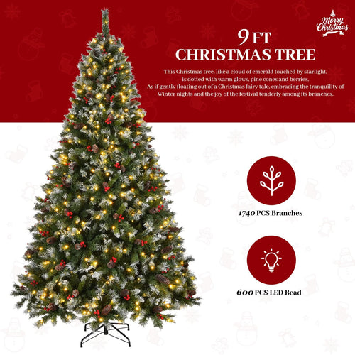 9ft Pre-Lit Pre-Decorated Pine Hinged Artificial Christmas Tree with 1740 Flocked Frosted Tips, 103 Pine Cones, 309 Red Berries,  600 Lights, Metal Base for Holiday Party Office Home - Image 7