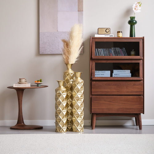 Metal Decorative Vase High Distress Metal Center Vase With 3D Triangle Pattern, Set Of 3 Vases for Home Decoration 33.5', 29.5', 25.2'High, Gold - Image 14