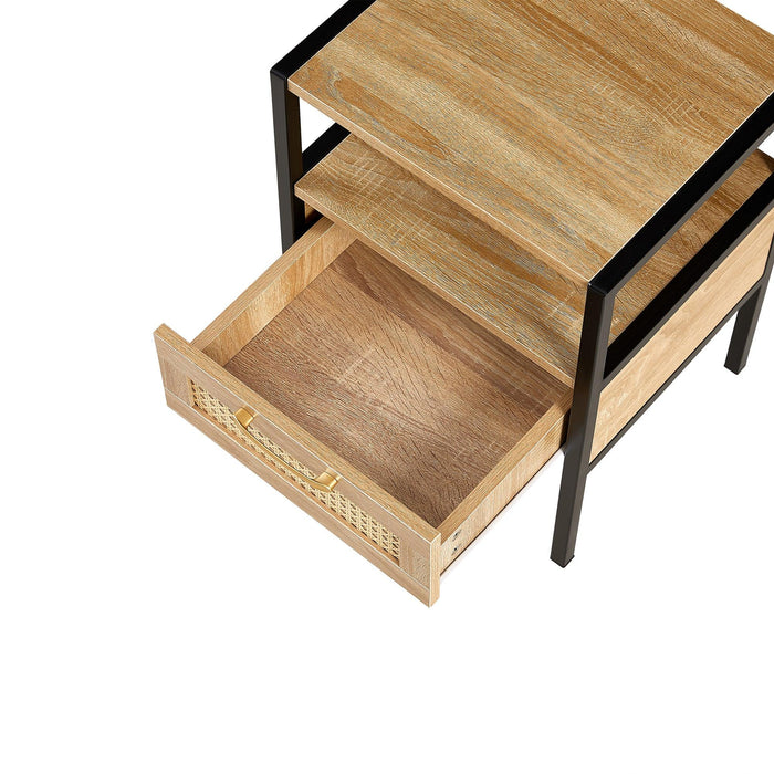Set of 2, 15.75" Rattan End table with drawer, Modern nightstand, metal legs,side table for living room, bedroom,natural