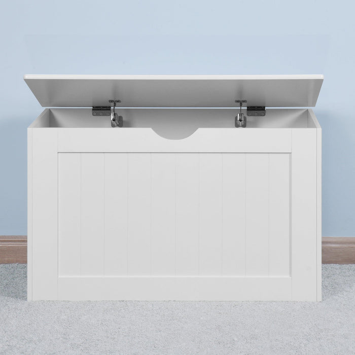 White Lift Top Entryway Storage Cabinet with 2 Safety Hinge, Wooden Toy Box - DTYStore
