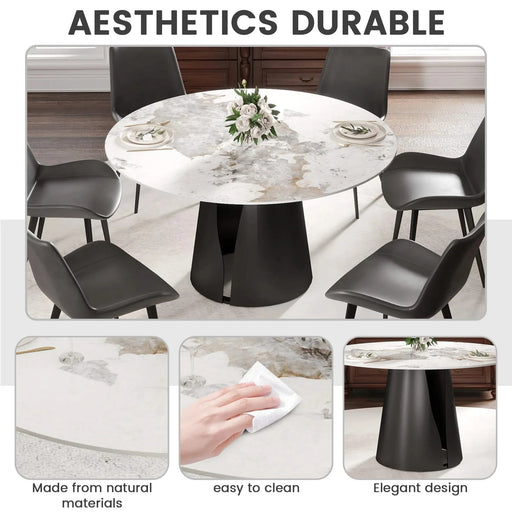 53.15'Modern Artificial Stone Round Black Carbon Steel Base Dining Table-Can Accommodate 6 People Default -DTYStore