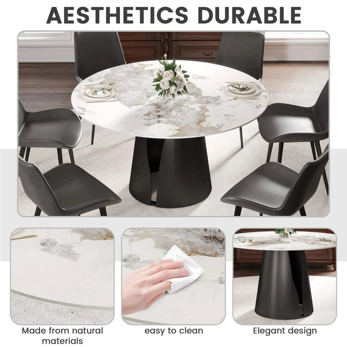 53.15'Modern Artificial Stone Round Black Carbon Steel Base Dining Table-Can Accommodate 6 People Default -DTYStore