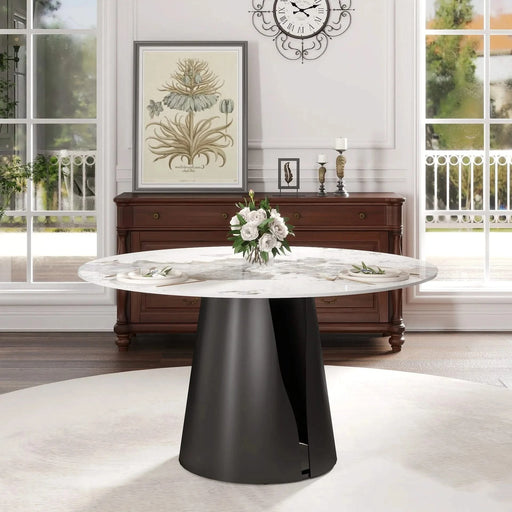 53.15'Modern Artificial Stone Round Black Carbon Steel Base Dining Table-Can Accommodate 6 People Default -DTYStore