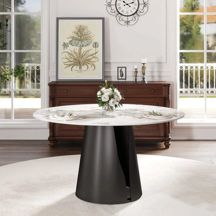 53.15'Modern Artificial Stone Round Black Carbon Steel Base Dining Table-Can Accommodate 6 People Default -DTYStore