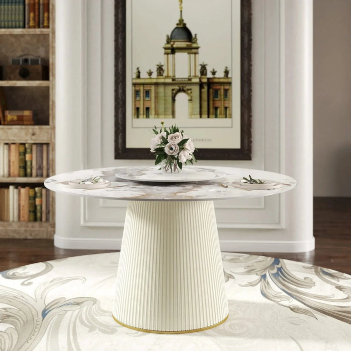 53.15 'Modern White Artificial Stone Round Beige Plywood PU Base Dining Table-23.62'White Artificial Stone Turntable-Can Accommodate 6 People (Not Including Chairs. ) Default -DTYStore