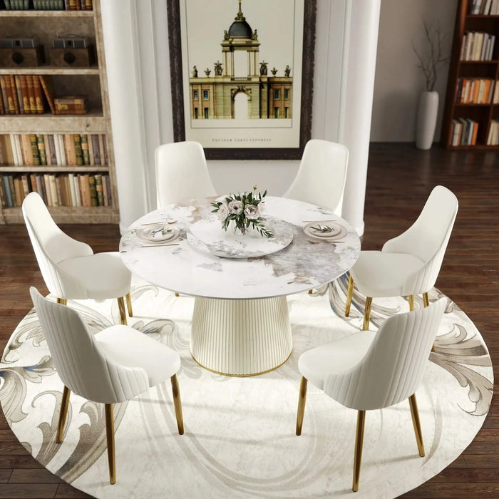 53.15 'Modern White Artificial Stone Round Beige Plywood PU Base Dining Table-23.62'White Artificial Stone Turntable-Can Accommodate 6 People (Not Including Chairs. ) Default -DTYStore