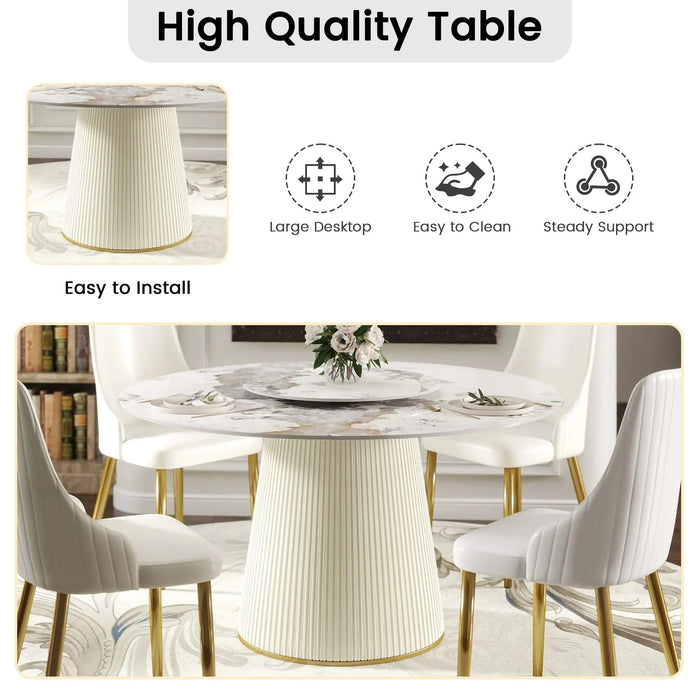 53.15 'Modern White Artificial Stone Round Beige Plywood PU Base Dining Table-23.62'White Artificial Stone Turntable-Can Accommodate 6 People (Not Including Chairs. ) Default -DTYStore