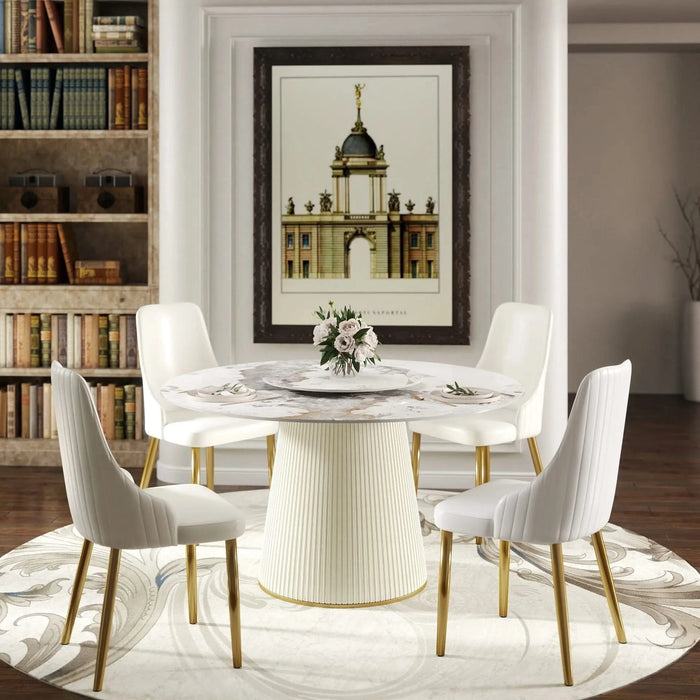53.15 'Modern White Artificial Stone Round Beige Plywood PU Base Dining Table-23.62'White Artificial Stone Turntable-Can Accommodate 6 People (Not Including Chairs. ) Default -DTYStore