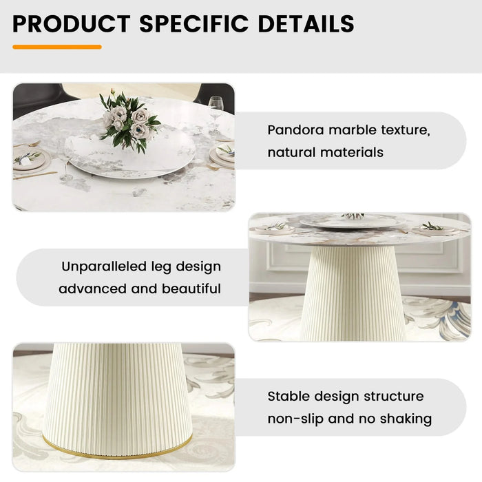 53.15 'Modern White Artificial Stone Round Beige Plywood PU Base Dining Table-23.62'White Artificial Stone Turntable-Can Accommodate 6 People (Not Including Chairs. ) Default -DTYStore